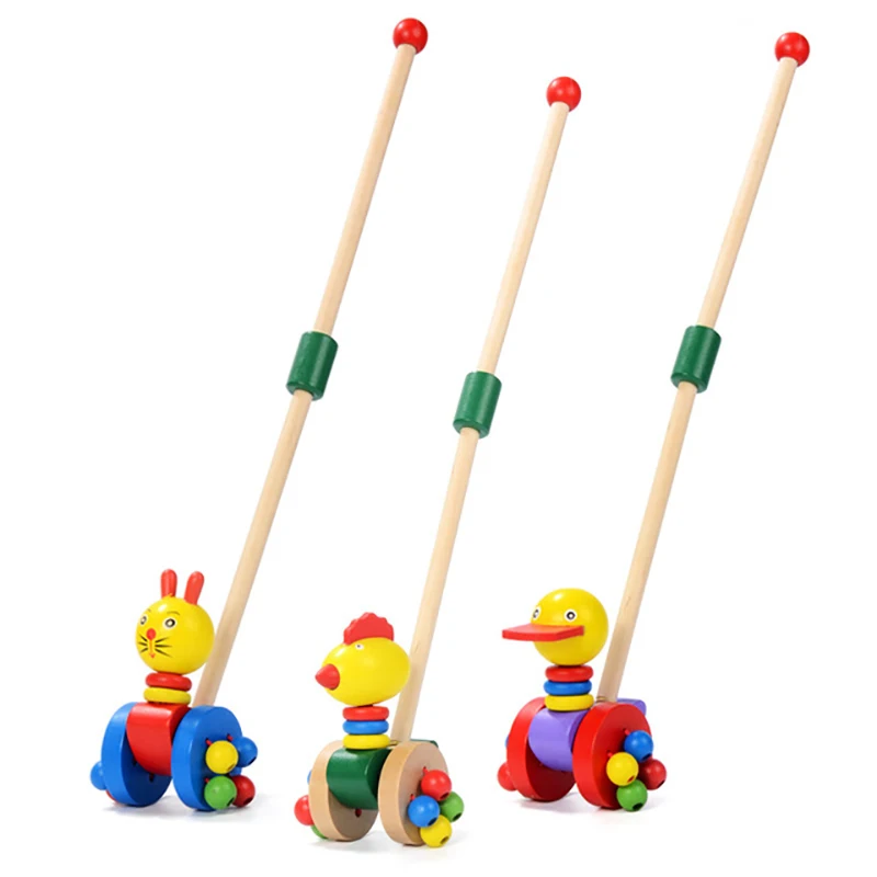 amazing  Kids Wooden Toys Baby Walker Baby First Steps Car Toddler Trolley Single Rod Stroller Cartoon Anima