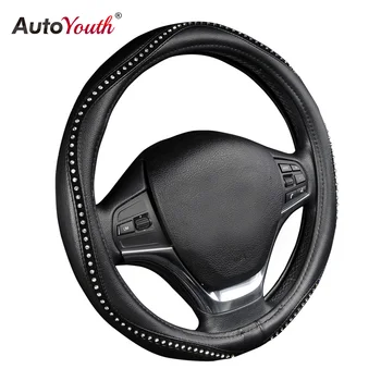 

AUTOYOUTH Fashion Steering Wheel Cover Black Lychee Pattern with Luxury Crystal Rhinestone M size Fits 38cm/15" Diameter