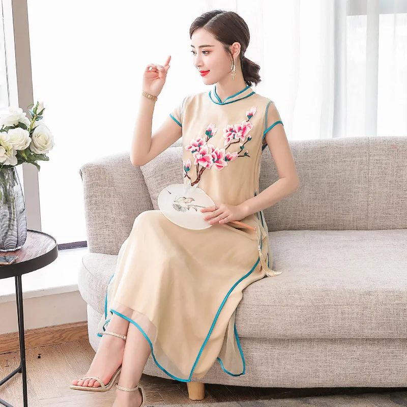 Fs5972@ лето стиль женское платье ретро Cheongsam большой размер платье шифон Вышивка с коротким рукавом длинное платье