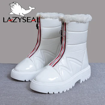 

LazySeal Winter Snow Boots Platform Mid-calf Boots For Women Thick Sole Plush Waterproof Zip Winter White Black Shoes Woman