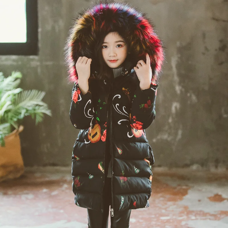 Зимнее модное плотное теплое хлопковое детское длинное пальто с принтом верхняя одежда для детей Куртки для маленьких девочек с меховым воротником для От 3 до 12 лет