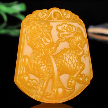 

Chinese Xinjiang yellow Jade Kirin Pendant Hand Carving Necklace Fashion Amulet Luck Gifts Men Sweater Chain Free rope