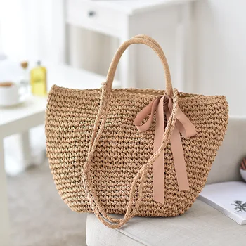 

cross body ribbon straw bag New style WOMEN'S bag holiday woven bag Japanese and Korean style Bow Holiday Beach Shoulder