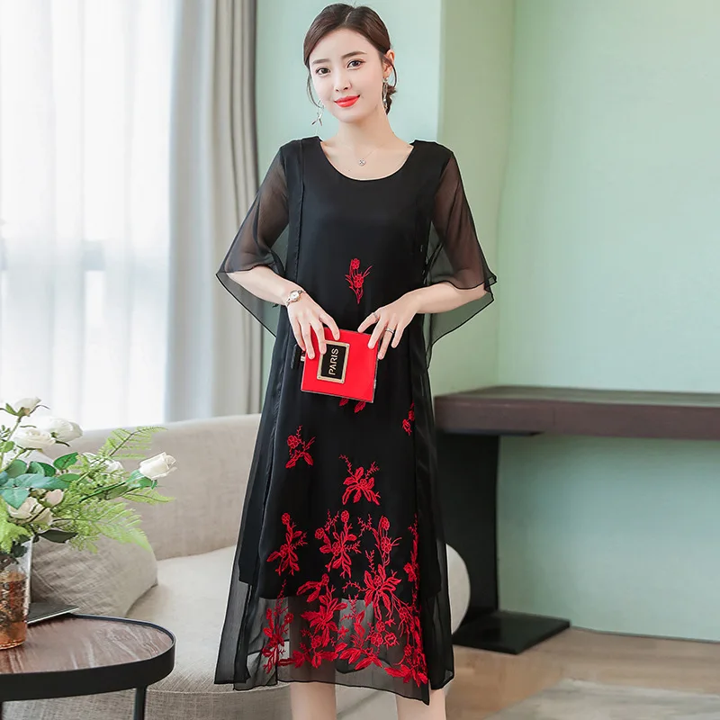 

2019 Spring And Summer New Style Dress Women's Loose And Plus-sized Retro Embroidered Elegant Elegant Long A- line Skirt