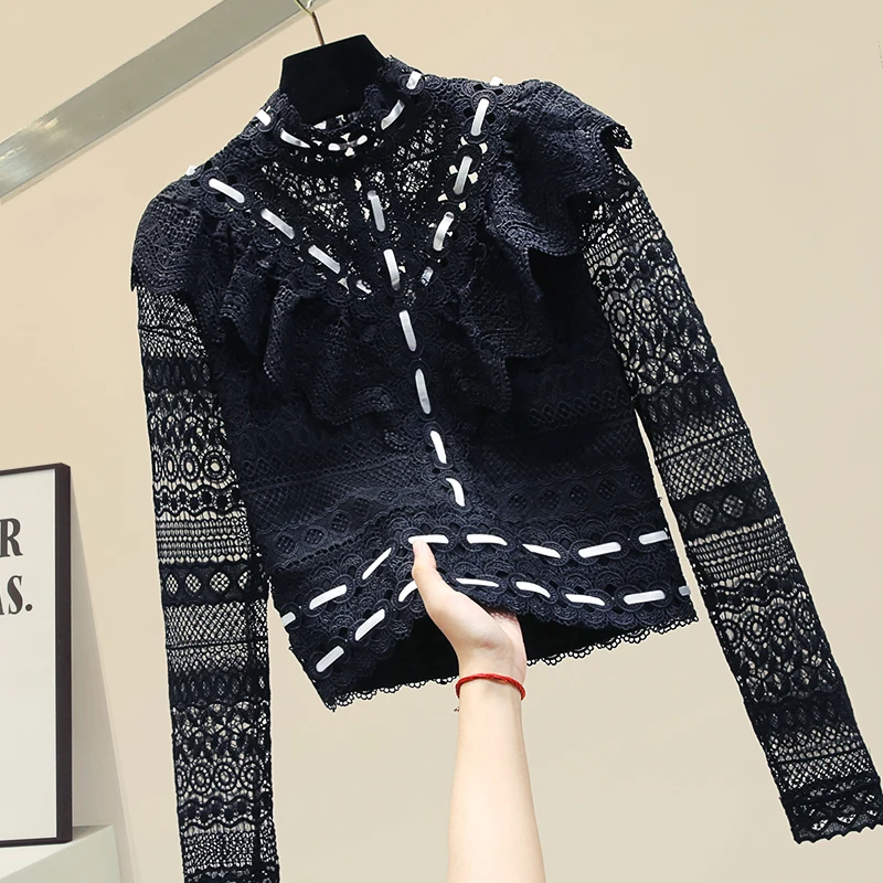 

Ruffle Lace Shirt Women's Spring Autumn Blouses Light Ripe Striped Lace Blouse Girls Ladies Basic Tops Blusa Femme Nancylim