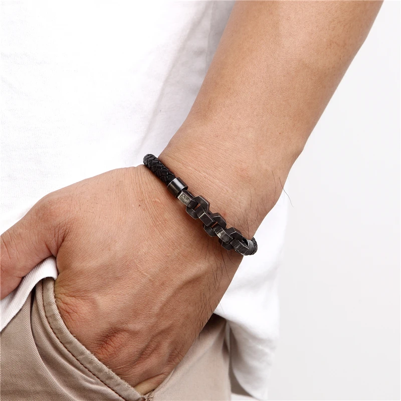 Vintage Chain Genuine Leather Bracelets Men Stainless Steel