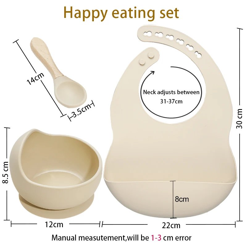 Children's Tableware Soild Food Training Waterproof Baby Bibs Infant Sucker Feeding Bowl And Wooden Handle Spoon Set Baby Stuff 3