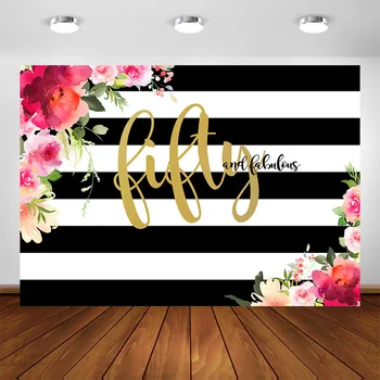 

Forty and Fabulous Backdrop Flower Stripes 40th 50th 60th Birthday Background Women Birthday Party Photography Backdrops