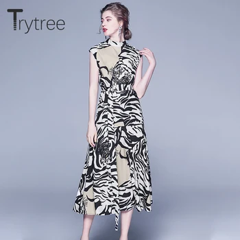 

Trytree 2019 Summer Women Casual Dress Sleeveless Turtleneck Stripe Belt Dress Fashion Elegant A-line Office Lady Mid-Calf Dress