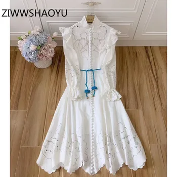

ZIWWSHAOYU Elegant Hollow Out Embroidery White Linen luxury Party Long Dresses Women Runway Autumn Long Sleeve Dress