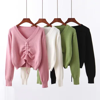 

2019 Casual Spring And Autumn Ladies Slim Sweater Winter Knit Sweater Drawstring Design Long-sleeved Sweater Women's Sweater