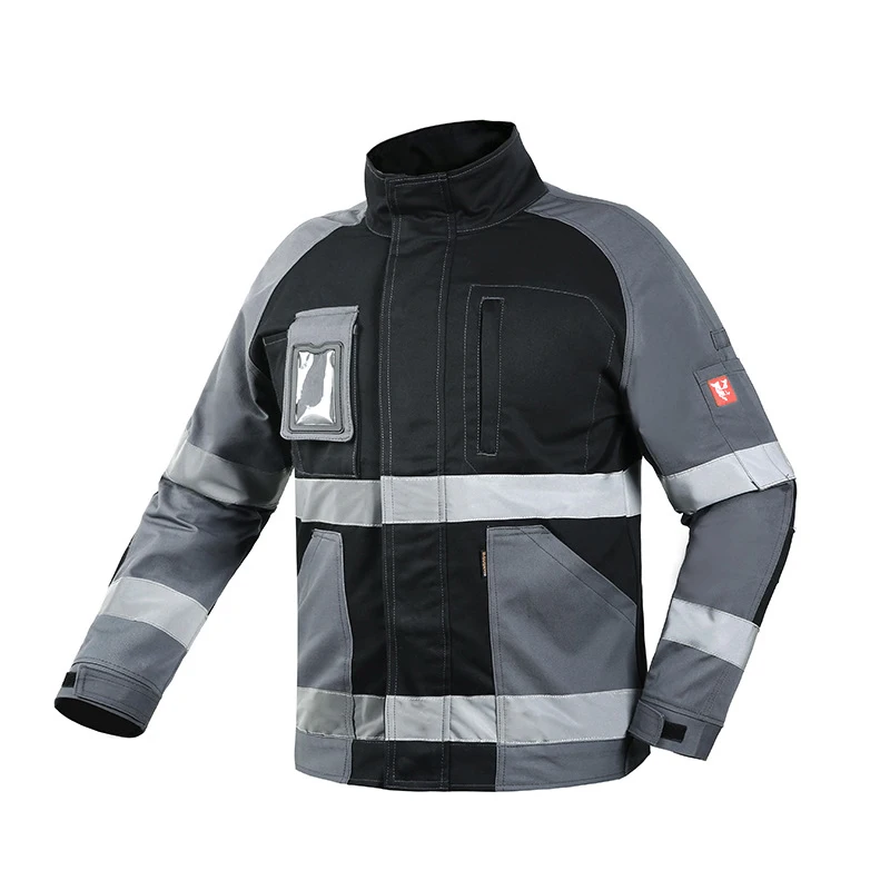 bauskydd-work-jacket-men-reflective-stripes-black-gray-stitching-coveralls-outdoor-multi-pockets-safety-workwear