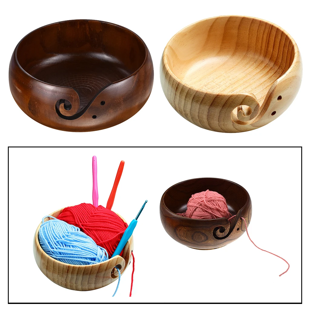 Wooden Yarn Bowl Knitting Crochet Woolen Storage Organizer Bowl With Carved Hole