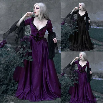 

2019 new arrival Party Dresses New Women Medieval vintage gothic Patchwork Lace Sexy Deep V-Neck Dress Vestidos Robe Plus Size