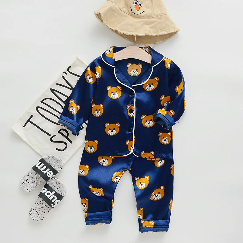 DIIMUU Spring Fashion Children's Sleepwear Sets Kids Clothes Toddler Boy Girl Ice Silk Satin Long Sleeve Tops Pants Set Pajamas