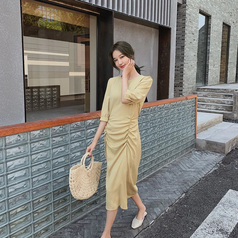 Elegant Office Summer White Dress Women 2020 New Korean Folds Slim Mid-Length Dress Ladies A-Line Short Sleeve Dress Female