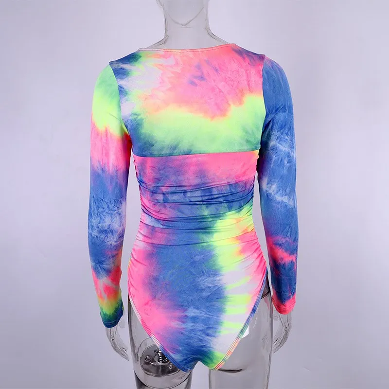 Сексуальный Tie Dye с принтом спинки боди стрейч квадратная Шея плиссированный сексуальный клубный комбинезон вечерние с длинным рукавом Облегающий комбинезон Femme