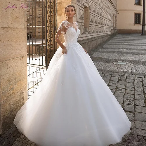 Picture Ivory Color Julia Kui, мягкое Тюлевое ТРАПЕЦИЕВИДНОЕ свадебное платье с круглым вырезом, три четверти, с пуговицей, длина до пола, свадебные платья для свадьбы - Цвет: Picture Ivory Color