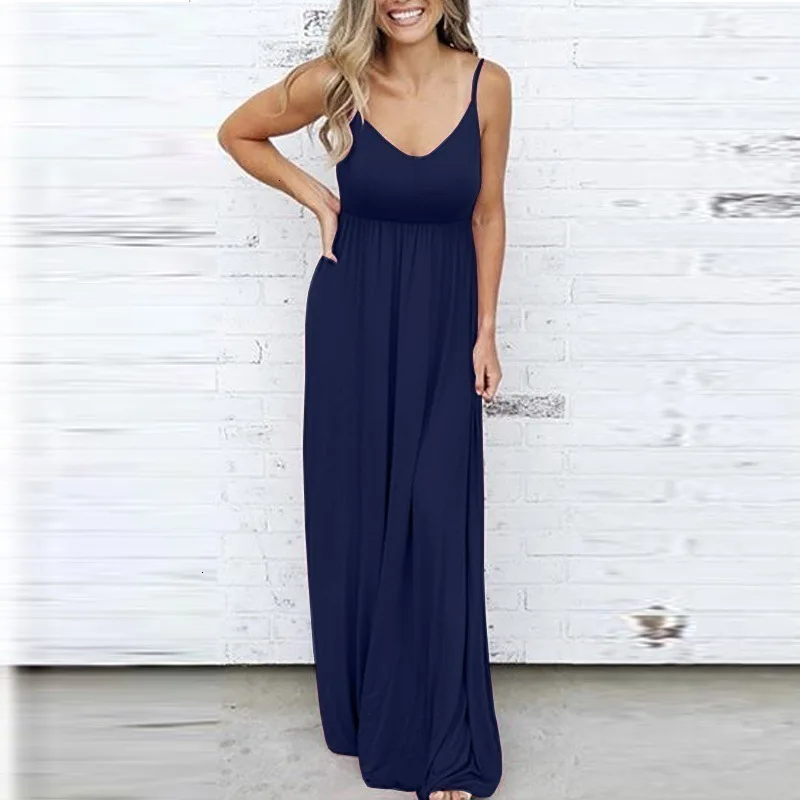 

2019 Women Summer Long Maxi Boho Evening Party Dress Sleeveless Sling Solid Casual Fashion 6 Colors Dress For Lady XS-2XL