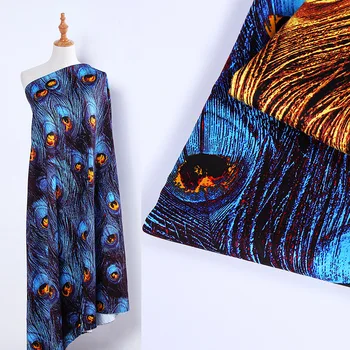 

Cotton satin fabric peacock feather print fabric DIY clothing fabric micro-elastic print fashion fabric for dress new swimwear