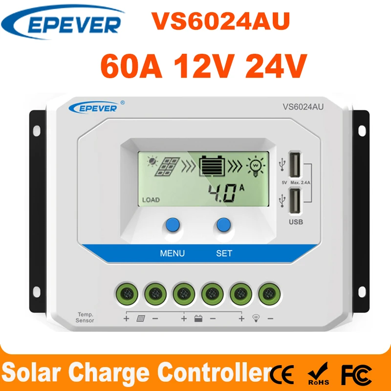EPEVER 60A Solar Charge Controller 12V 24V Auto Solar Regulator 60a with Temperature Compensation and Dual USB 5V Output 12V/720W 24V/1440W Input EPEVER 60A Solar Charge Controller 12V 24V Auto Solar Regulator 60a with Temperature Compensation and Dual USB 5V Output 12V/720W 24V/1440W Input