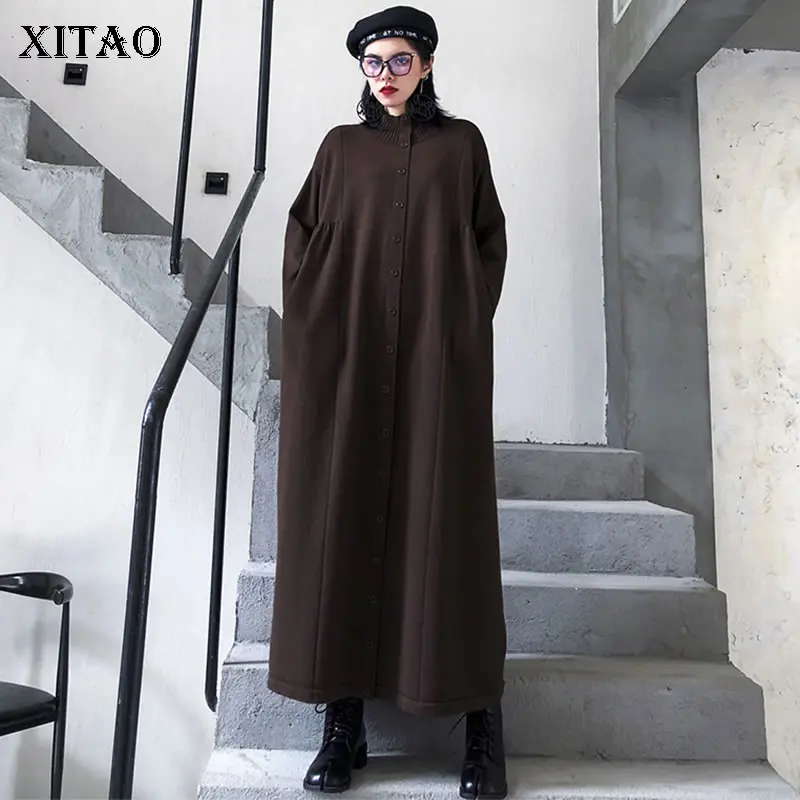 

XITAO Knitted Dress Plus Size Women Clothes 2019 Winter Turtleneck Full Sleeve Single Breasted Pleated Dress Elegant New GCC2769