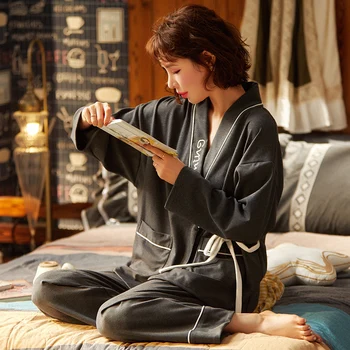 

Japan Style Women Pajamas Set Kawaii Printed Kimono Yukata Cotton Steaming Wear Sleepwear Women Bathrobe Soft Gown Nightgown