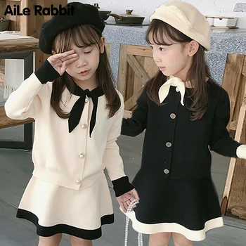 

2019 Girls Fashion Set Knit Sweater Jacket Skirt 2 Piece Set Elegant Princess Celebrity Suit Autumn New Arrival Set For Girls
