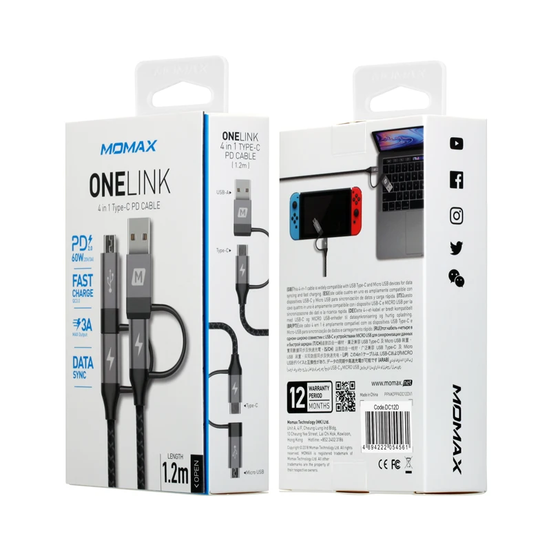MOMAX тканая 4 в 1 кабель для передачи данных кабель-Переходник USB C на USB A до micro-1.2m три вида интерфейса 3A действительно быстрая зарядка полностью совместим с - Цвет: black