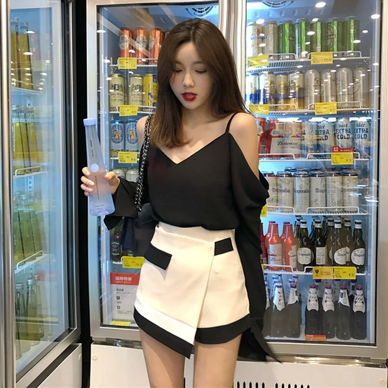 

Playful Two-Piece Set Women's 2019 Early Spring New Style Camisole off-Shoulder Long-sleeve Blouse High-waisted Slimming Mixed C