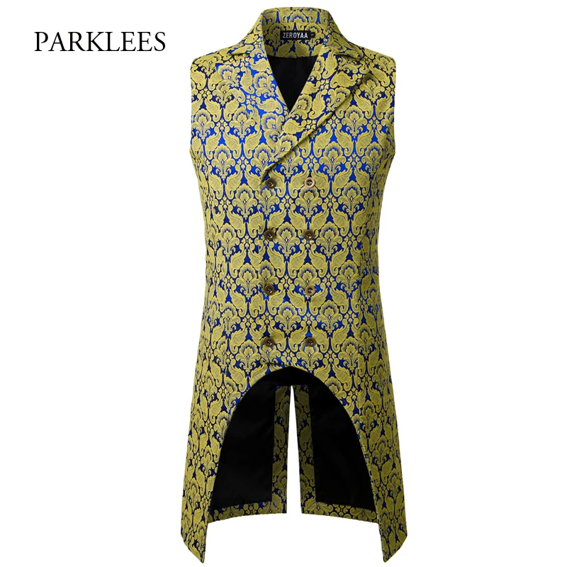 Mens Black Gothic Steampunk Vest 2022 Brand New Medieval Jacquard Double Breasted Vest Waistcoat Men Stage Cosplay Prom Costume