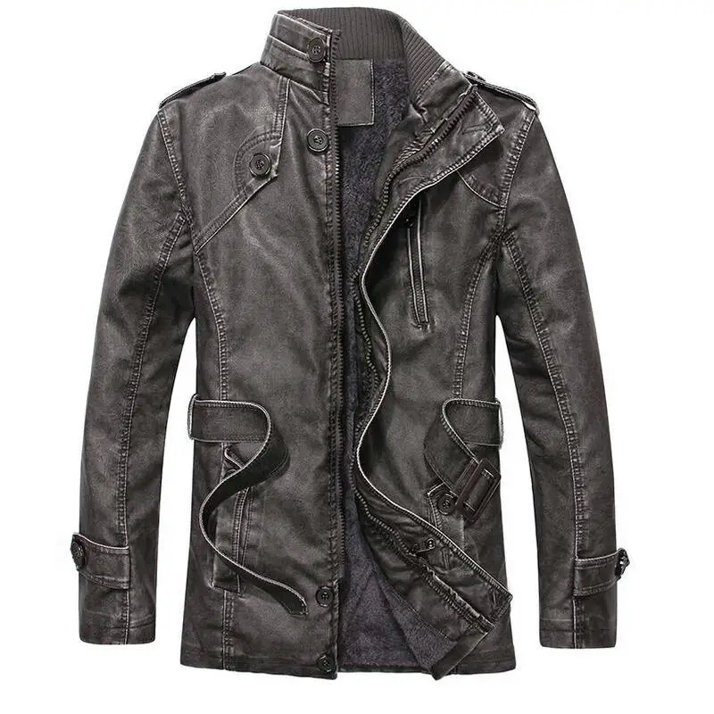Dark Blue Красивые винтажные мужские кожаные куртки на осень и зиму, Новые повседневные Мотоциклетные Куртки из искусственной кожи, мужские длинные утепленные пальто из искусственного меха - Цвет: Dark Blue