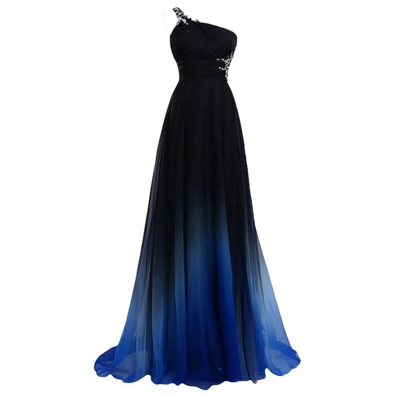 

Black Gradient Color Prom Dresses Long One Shoulder Ombre Chiffon Evening Gowns Pleated Crystal Dress vestidos de fiesta