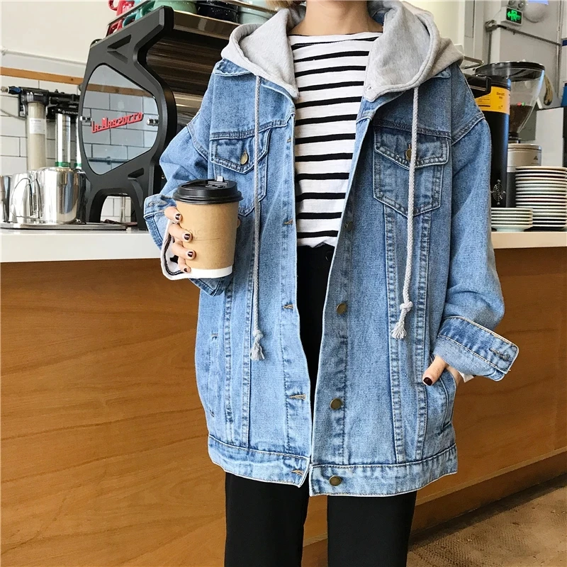 202 새로운 봄 가을 한국 스타일 후드 데님 재킷 여성 겉옷 특대 느슨한 빈티지 학생 재킷 코트 여성, 한국 스타일