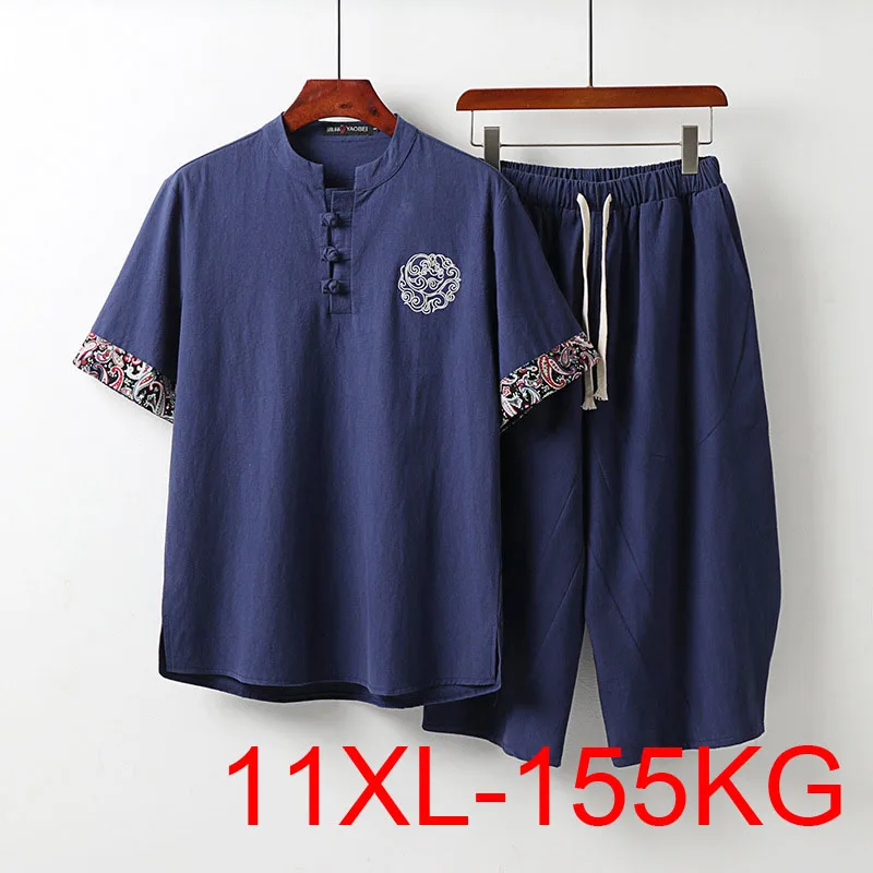 

150Kg Plus size men's summer Chinese style embroidery T-shirt sets Bust 158cm 6XL 7XL 8XL 9XL 10XL 11XL loose linen tops