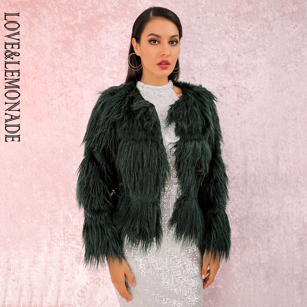 

LOVE&LEMONADE Sexy GREEN Faux Fur Dark Stripes Round Neck Short Coat LM90122 Autumn/Winter
