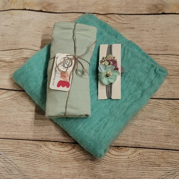 

A set Handcraft Soft 100% Wool Newborn Baby Blanket+45*160cm Stretch Wrap with Headband for Newborn Baby Photography Accessories