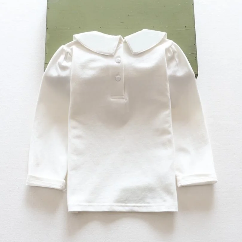 자수 여고생 화이트 블라우스 코튼 티셔츠,   옷, 긴 소매 티셔츠, 어린이 상의 티