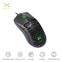 Delux m700 67g pmw3389 leve com fio rato de jogos rato rgb 7 botões totalmente programável favo de mel oco design mouse gamer