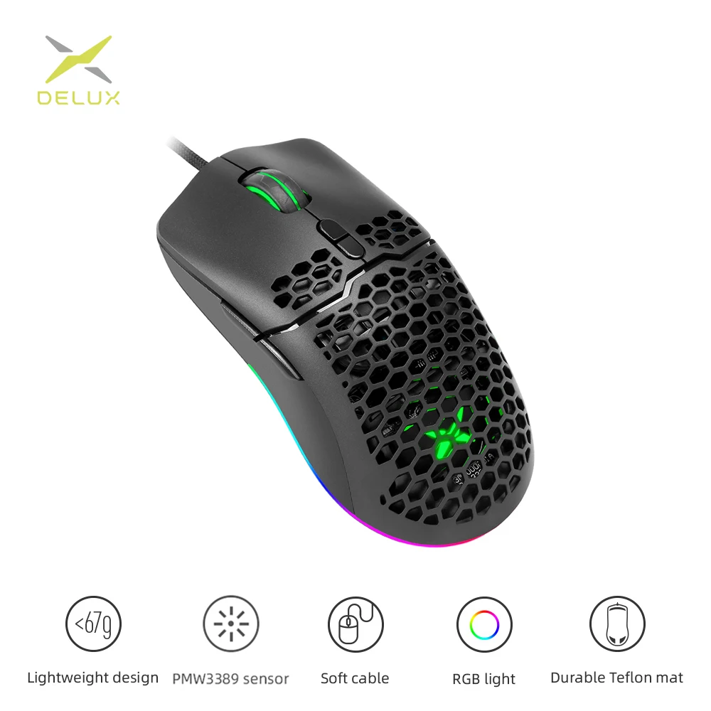 Delux M700 67g PMW3389 легкая проводная мышь игровая RGB 7 кнопок полностью программируемая