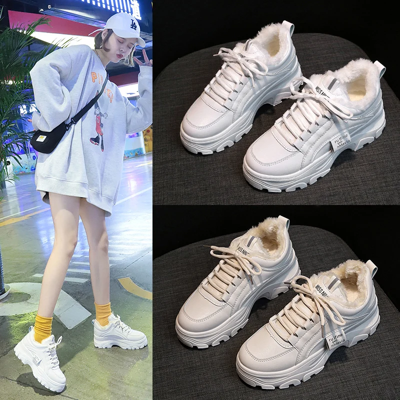 

2019 New Winter White Boots Warm Fur Plush Leather Female Chunky Sneakers Platform Winter Boots Lace Up Comfort Ankle Snow Boots