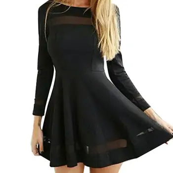 

Hot Women Sexy See-through Mesh O Neck Long Sleeve Slim Waist Party A-Line Mini Dress
