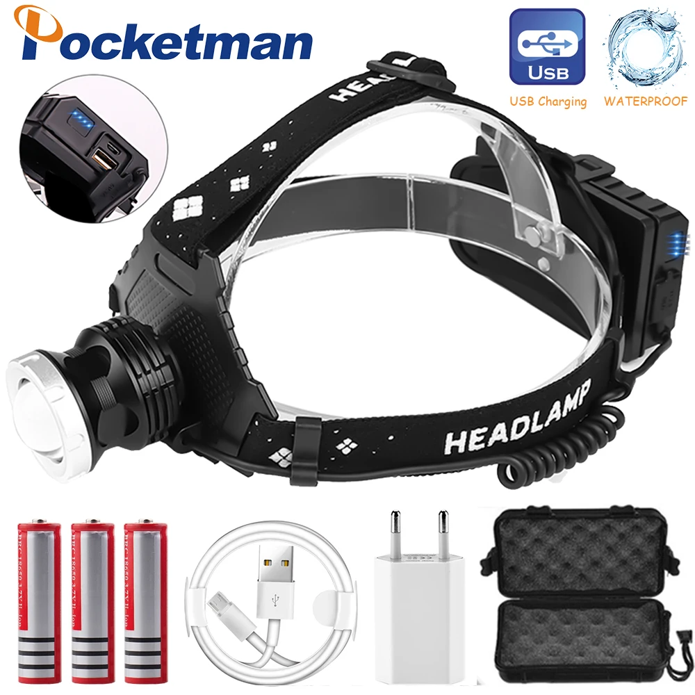 

60000LM USB Rechargeable XHP50 headlamp Headlight high powerful xhp70 head lamp torch ZOOM Head light Use 3*18650 batteries