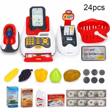 

24Pcs/Set Kids Simulation Mall Shopping Toy LED Music Shop Cash Register Scanner Food Model Pretend Play Toys For Children