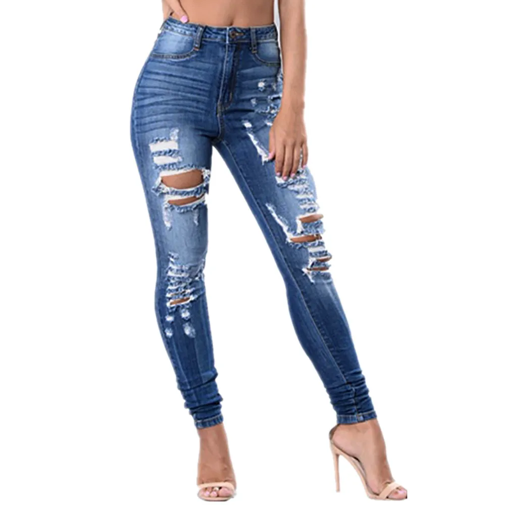 Women Denim Skinny Trousers High Waist Jeans Destroyed Knee Holes Pencil Pants Trousers Stretch Ripped Female #3