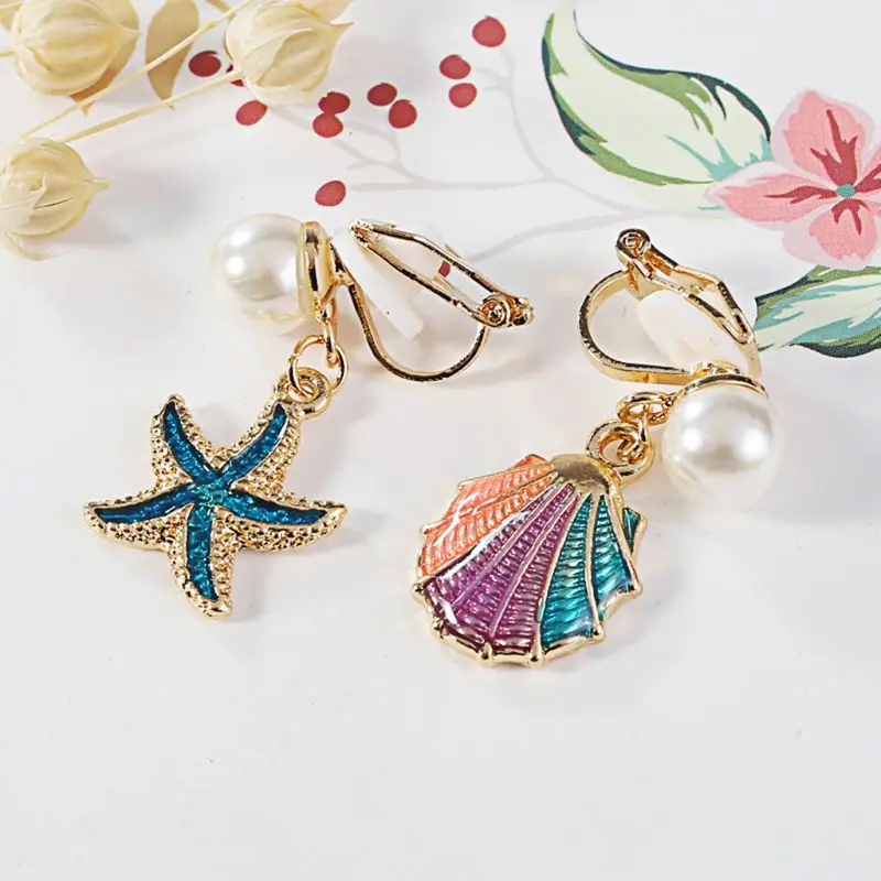 Alloy Enamel Shell Starfish Dangle Earrings For Women