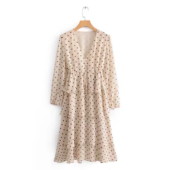 

New French retro V-neck long-sleeved Lotus-leaf-side Point Fairy Cake Dress Chiffon Dress for Autumn 2019