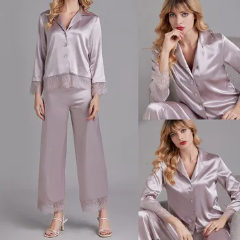 

2Pcs spring Women Sleepwear Button-Down Satin Pajamas Set long sleeve Pajamas Suit Homewear conjunto dos piezas mujer verano#G3