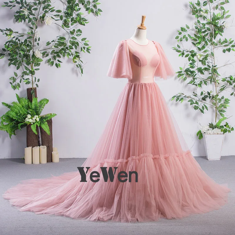 Женское вечернее платье YeWen Illusion темно розовое длиной до пола с круглым вырезом