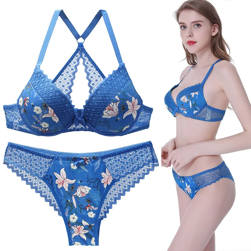 black underwear set 2020 Big Size Strappy Bra Sets Lace Push Up bra Women Floral Bra Panty Sets Plus Size 34/75 36/80 38/85 40/90 42 B C D E Cup panty sets